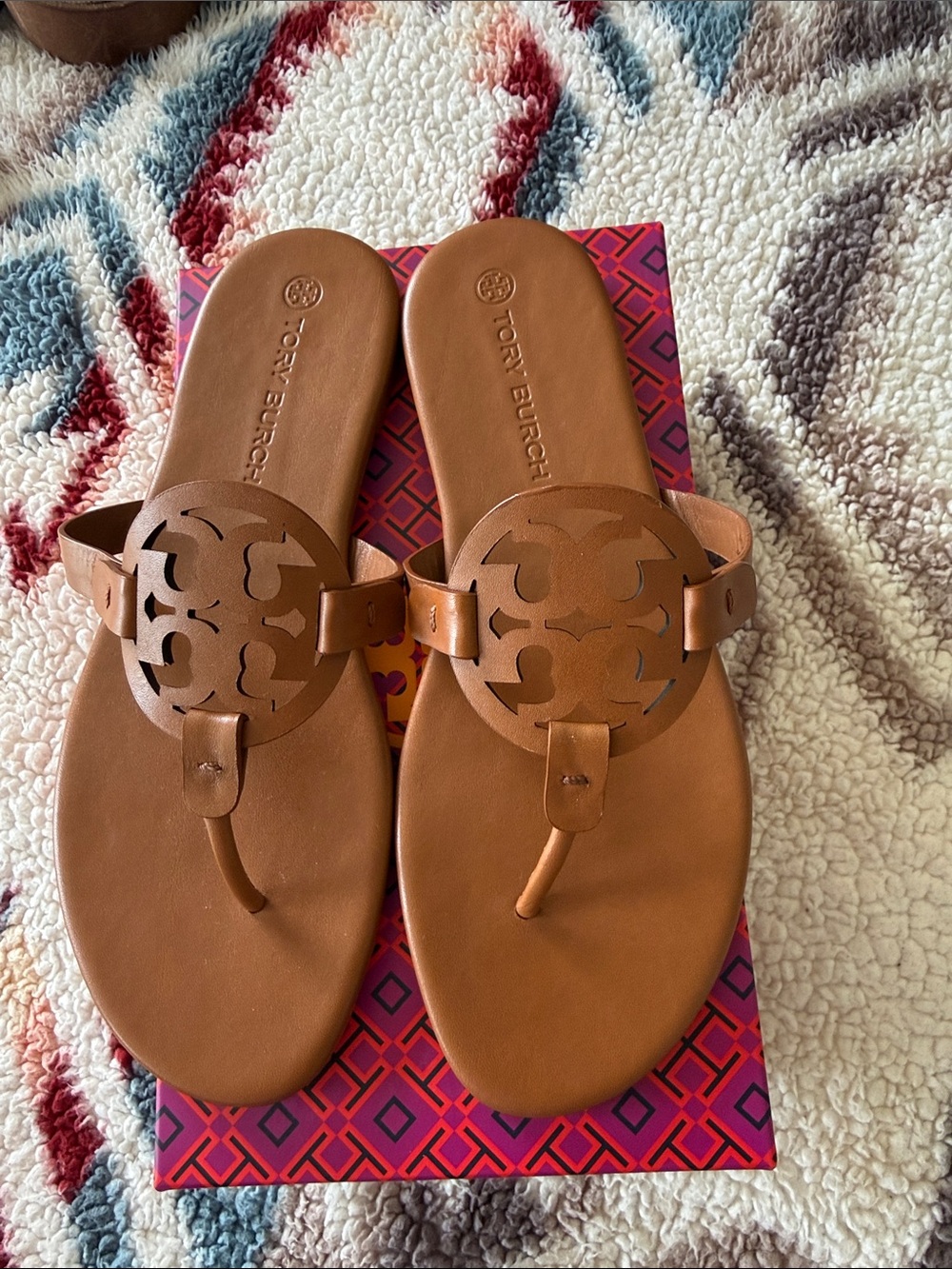 Tory Burch Brown Leather Miller Logo Thong Sandals - Picture 2 of 4